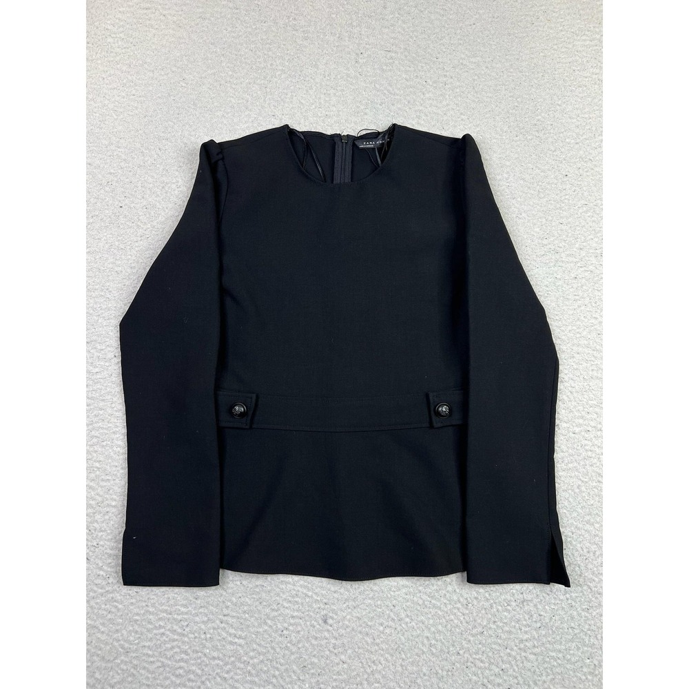Zara Woman Blouse Womens Medium Black Stretch Long Sleeve Peplum Top Zip Back